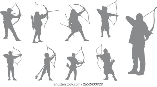 A set of silhouettes of people shooting archery with stylized crossbows holding up arrows