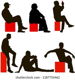 Set silhouettes of people sitting in different poses on a white background