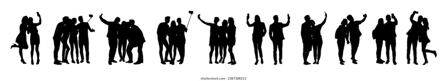 Coloca siluetas de personas tomando selfie groupfie en varias poses sobre fondo blanco. Colección vectorial de selfie de grupo de personas.	