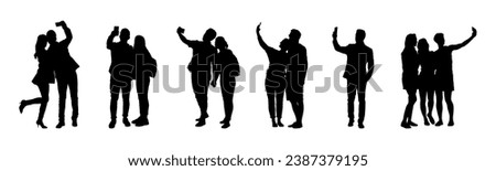 Set silhouettes people taking selfie with smartphone with different poses flat vector.	