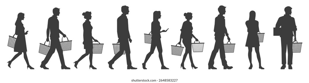 Conjunto de silhuetas pessoas andando e carregando cestas de compras, consumidores comportamento de consumidor isolado em fundo transparente