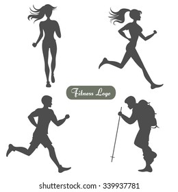 A set of silhouettes of people walking and running. Isolated on white. Sport/fitness logo. Vector Element for label design