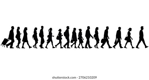 Conjunto de siluetas de personas caminando vista lateral. Ilustración vectorial gráfica EPS 10	