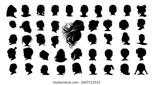 Set of silhouettes of people's heads. hand drawn. Not AI, Vector illustration.