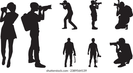 set of silhouettes of photographers with different poses, camera