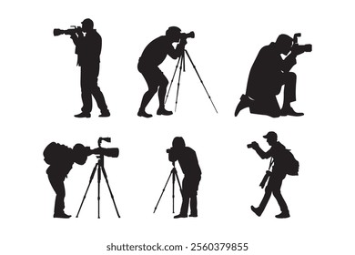 Set of silhouettes of photographers taking pictures with a camera