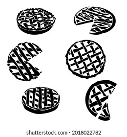Set of silhouettes of pies with wicker stacking of dough, sweet and salty pastries with filling for design vector illustration