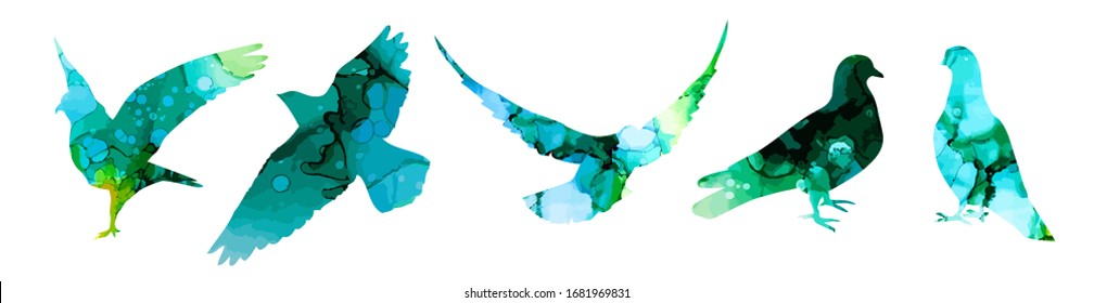 A set of silhouettes of pigeons. Mixed media. Vector illustration