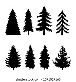 Set of silhouettes of pine tree isolated on white background. Design element for poster, banner, card, emblem. Vector illustration