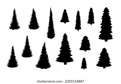 Set of silhouettes of pine trees and fir trees.