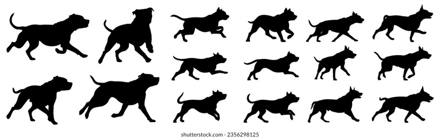set of silhouettes of pitbull running pose. isolated on a transparent background. eps 10