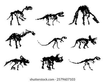 Set silhouettes of pixels skeletons dinosaurs. 