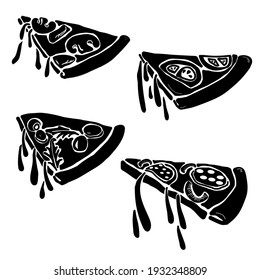 Set of silhouettes of pizza slices with various toppings, pastries with drops of cheese for menu or logo design vector illustration