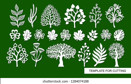 Set of silhouettes of plants, trees, algae, branches. Template for laser cut, wood carving, paper cutting and printing. Vector illustration.