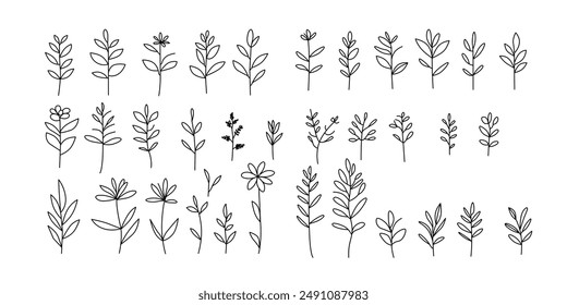 set of silhouettes of plants. Vector illustration of various minimalist floral and botanical line drawings. Ideal for design projects, invitations, and decorative elements