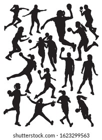 set of silhouettes of players in handball, vector illustration