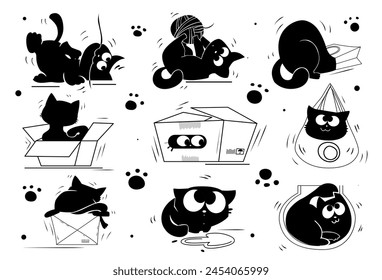 Set of silhouettes of playful cat. Doodle illustration with funny kittens in bag or box. Adorable restless animals. Cute furry pets. Cartoon flat vector collection isolated on white background