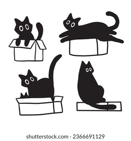 Set of silhouettes of playful cats. Сollection of various naughty cats with the boxes. 