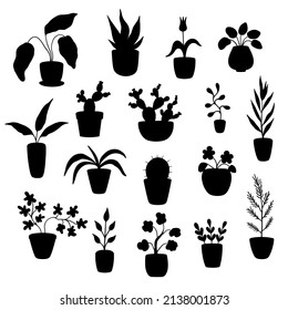 Set of silhouettes of potted plants. Isolated elements on white background.
