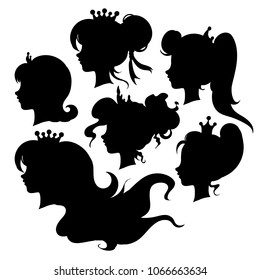 Set of silhouettes of princess. black icons isolated on white. Vector illustration. Can be used for card, invitation, tattoo.