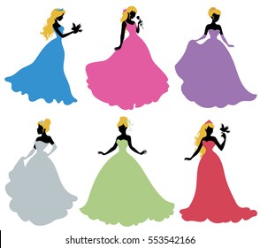 Set of silhouettes of princess. Isolated on white. 