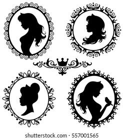 Set of silhouettes of princess. Isolated on white. 