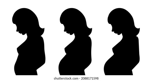Set of silhouettes profile of pregnant woman with a belly in different trimesters. Changes in a woman's body in pregnancy stages. Black elements isolated on white background. Vector illustration. 