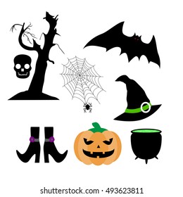 Set of silhouettes: pumpkin, bat, hand drawn tree, skull, spider, cobweb, witches pot, hat, stockings with shoes. Color Halloween vector illustration isolated on white background. 