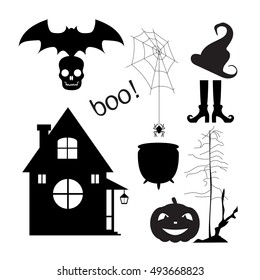 Set of silhouettes: pumpkin, bat, hand drawn tree, skull, spider, cobweb, witch pot, hat, stockings with shoes, home. Halloween Vector illustration isolated on white background. 