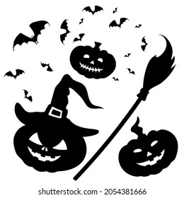 Set of silhouettes of pumpkins, bats and a witch's broom for Halloween. Vector image on a white background.