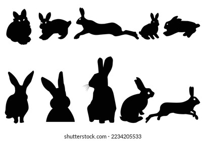 Set of silhouettes of rabbits. Rabbits in different poses isolated on white background. Easter and the year of the zodiac. Vector illustration of a quadruped animal.