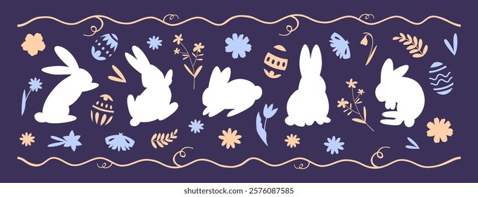 A set of silhouettes of rabbits in different poses with floral elements and Easter eggs with ornaments. Seamless horizontal pattern with gold color