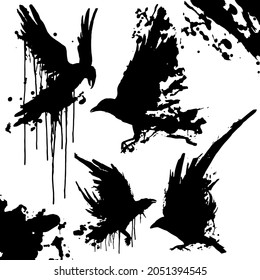 set of silhouettes of ravens with ink blots 