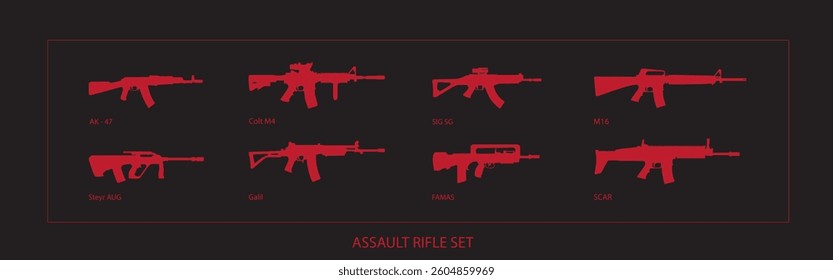 Set of silhouettes of red assault rifles on a black background. Banner poster for printing, backdrop, icons for mobile and computer games. Military style of weapons.