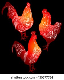 set of silhouettes of red roosters on a black background