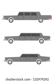 A set of silhouettes in retro style limousines on a white background.