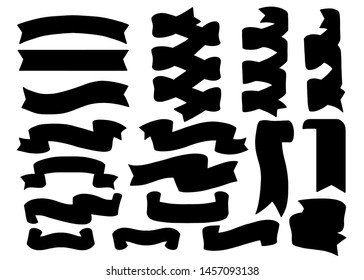 Set of silhouettes of ribbons isolated on white background. Old vintage style hand drawing engraved. Design element for banner, menu, poster, web.