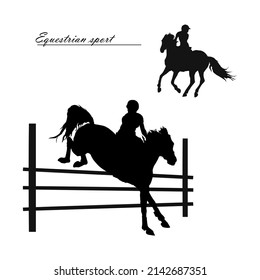un conjunto de siluetas. un jinete saltando sobre un obstáculo sobre un caballo, imágenes aisladas, una silueta negra sobre un fondo blanco.  