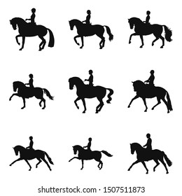 Set of silhouettes of riders riding a trot on a horse