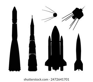 Set of silhouettes of rockets and spaceships on a white background. Vector illustration