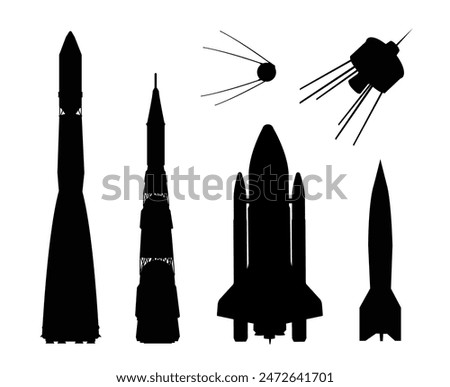 Set of silhouettes of rockets and spaceships on a white background. Vector illustration