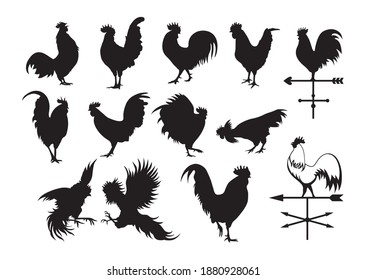 Set of silhouettes of roosters. Collection of various farm roosters. Domestic bird. Fighting cock. Vector illustration of weather vane with rooster on white background.