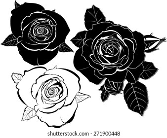 set of silhouettes of roses isolated on white background