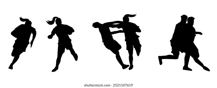 Set of silhouettes of rugby athletes with different poses, gestures. Isolated on white background. Vector illustration.