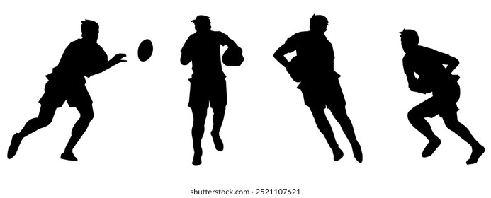 Set of silhouettes of rugby athletes with different poses, gestures. Isolated on white background. Vector illustration.