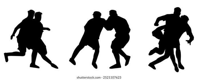 Set of silhouettes of rugby athletes with different poses, gestures. Isolated on white background. Vector illustration.