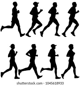 Set of silhouettes. Runners on sprint, man and woman