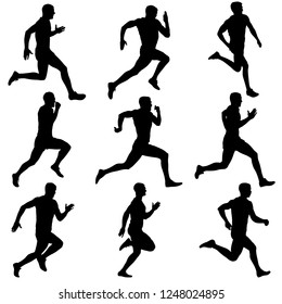 Set of silhouettes. Runners on sprint, men