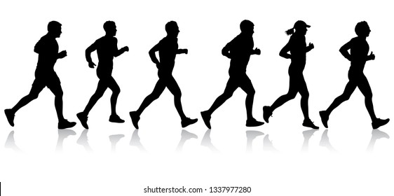 Set of silhouettes. Runners on sprint, men