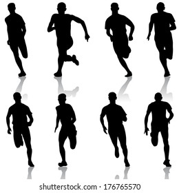 Set of silhouettes. Runners on sprint, men. vector illustration.